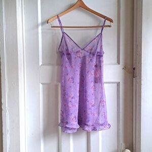 90s Vintage Purple Slip - Sheer floral slip - Size Small
